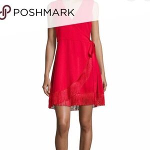 NWT Lea & Viola Vibrant Red Fringe Mini Wrap Dress Size Large